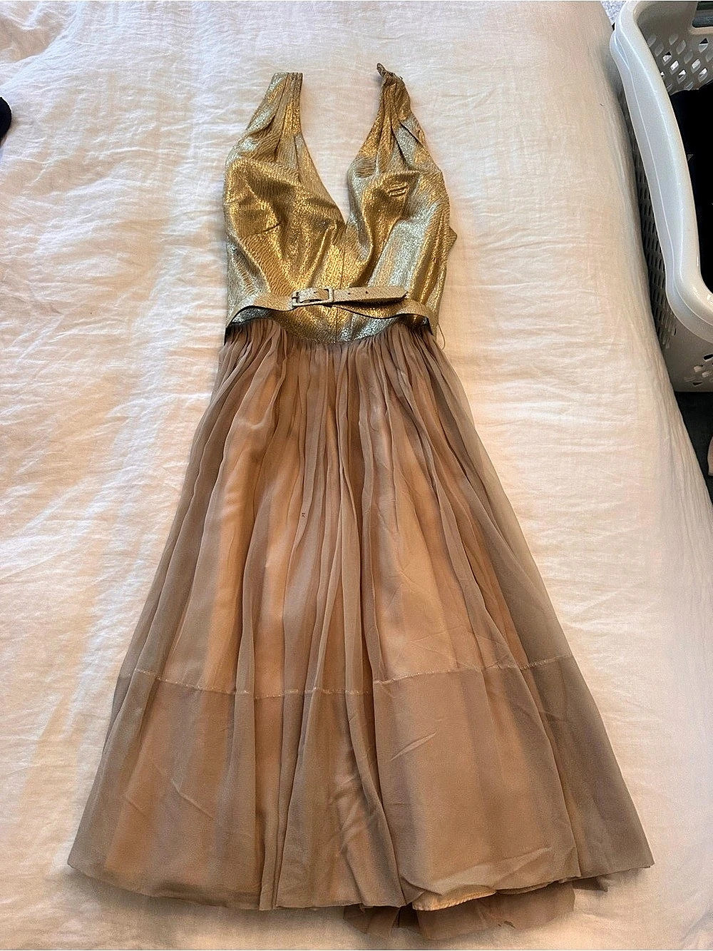 Vintage Metallic Pleated Halter Top Dress in Gold & Brown